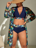 Taglie Forti Costume da bagno bikini con annodatura al collo con stampa tropicale con Kimono