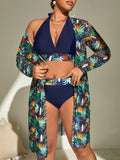 Taglie Forti Costume da bagno bikini con annodatura al collo con stampa tropicale con Kimono