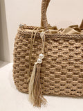 Borsa Di Paglia Portatile E Leggera Con Decorazioni In Nappa E Coulisse