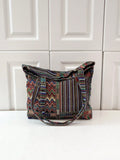 Borsa a tracolla in lino con motivo a quadri con disposizione casuale, stile bohemién retrò e vintage