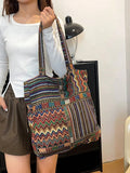 Borsa a tracolla in lino con motivo a quadri con disposizione casuale, stile bohemién retrò e vintage