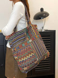 Borsa a tracolla in lino con motivo a quadri con disposizione casuale, stile bohemién retrò e vintage