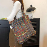 Borsa a tracolla in lino con motivo a quadri con disposizione casuale, stile bohemién retrò e vintage
