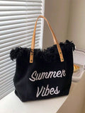 Borsa capiente alla moda in tela con frange e design di lettere, adatta per fare shopping e lavorare, borsa da viaggio estiva