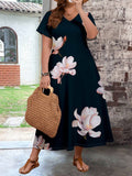 Vestito estivo attillato con manica corta e scollo a V, taglie comode per donne con elegante motivo floreale