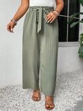 Pantaloni Ampi A Gamba Larga Plus Size In Plisse Solid Con Cintura In Vita