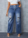 Jeans casual a gamba dritta di taglia grande con coulisse in vita e effetto consumato, stile lavaggio a acqua