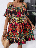 Abito estivo da donna taglie forti stile boho, con spalline scoperte, con stampa diffusa, morbido e ampio
