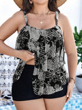 Costume da bagno tankini con stampa casuale, spalline sottili e spacco laterale per donne in taglie comode