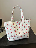 Borsa a tracolla di con stampa fragola, grande capacità, multifunzionale, in materiale di velluto a coste, borsa da donna alla moda e carina con fragoline