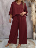 Set di due pezzi Plus Size Top casual a tinta unita con scollo a V e pantaloni a palazzo versatili