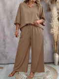 Set di due pezzi Plus Size Top casual a tinta unita con scollo a V e pantaloni a palazzo versatili