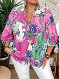 Blusa con scollo a V e bottoni, stampata, da donna stile vacanza per taglie forti