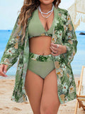 3 pezzi Costume da bagno con Kimono a maniche lunghe, bikini casuale con collo alto, per donna taglia comoda, costumi da bagno da spiaggia alla moda
