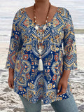Maglietta casual estiva da donna a scollo a V con stampa all-over, di stile vintage, taglie comode