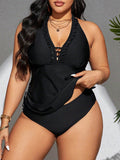 Costume da bagno tankini taglia curvy, con scollo a V, finiture arricciate e collo alto