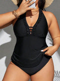 Costume da bagno tankini taglia curvy, con scollo a V, finiture arricciate e collo alto