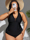 Costume da bagno tankini taglia curvy, con scollo a V, finiture arricciate e collo alto