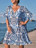 estito ampio da donna per vacanze, con scollo a V, maniche pipistrello, stampa floreale, adatto per l estate, per taglie comode