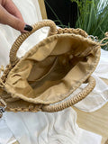 Borsa a mezzaluna con design traforato, borsa da spiaggia alla moda in paglia intrecciata, borsa da vacanza alla moda per l'estate