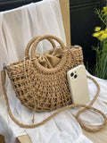 Borsa a mezzaluna con design traforato, borsa da spiaggia alla moda in paglia intrecciata, borsa da vacanza alla moda per l'estate