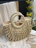 Borsa a mezzaluna con design traforato, borsa da spiaggia alla moda in paglia intrecciata, borsa da vacanza alla moda per l'estate