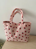 Borsa a tracolla di con stampa fragola, grande capacità, multifunzionale, in materiale di velluto a coste, borsa da donna alla moda e carina con fragoline