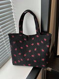 Borsa a tracolla di con stampa fragola, grande capacità, multifunzionale, in materiale di velluto a coste, borsa da donna alla moda e carina con fragoline