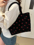 Borsa a tracolla di con stampa fragola, grande capacità, multifunzionale, in materiale di velluto a coste, borsa da donna alla moda e carina con fragoline
