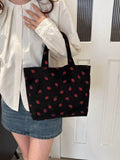 Borsa a tracolla di con stampa fragola, grande capacità, multifunzionale, in materiale di velluto a coste, borsa da donna alla moda e carina con fragoline
