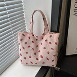 Borsa a tracolla di con stampa fragola, grande capacità, multifunzionale, in materiale di velluto a coste, borsa da donna alla moda e carina con fragoline