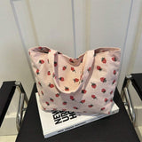 Borsa a tracolla di con stampa fragola, grande capacità, multifunzionale, in materiale di velluto a coste, borsa da donna alla moda e carina con fragoline