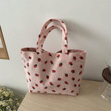 Borsa a tracolla di con stampa fragola, grande capacità, multifunzionale, in materiale di velluto a coste, borsa da donna alla moda e carina con fragoline