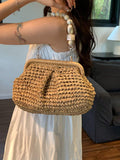 Borsa da spiaggia e da viaggio casual con spalla in tessuto di paglia, tinta unita, design minimalista, borsa da vacanza alla moda per l''estate