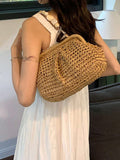 Borsa da spiaggia e da viaggio casual con spalla in tessuto di paglia, tinta unita, design minimalista, borsa da vacanza alla moda per l''estate