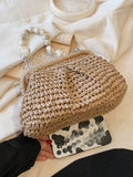 Borsa da spiaggia e da viaggio casual con spalla in tessuto di paglia, tinta unita, design minimalista, borsa da vacanza alla moda per l''estate