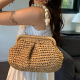Borsa da spiaggia e da viaggio casual con spalla in tessuto di paglia, tinta unita, design minimalista, borsa da vacanza alla moda per l''estate