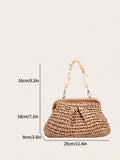 Borsa da spiaggia e da viaggio casual con spalla in tessuto di paglia, tinta unita, design minimalista, borsa da vacanza alla moda per l''estate
