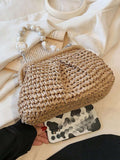 Borsa da spiaggia e da viaggio casual con spalla in tessuto di paglia, tinta unita, design minimalista, borsa da vacanza alla moda per l''estate