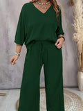 Set di due pezzi Plus Size Top casual a tinta unita con scollo a V e pantaloni a palazzo versatili