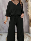 Set di due pezzi Plus Size Top casual a tinta unita con scollo a V e pantaloni a palazzo versatili