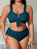 Set bikini tinta unita taglia comode con spalline semplice e set di costumi da bagno con arricciature