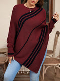 Maglione casual da donna taglie comode, a righe, con scollo rotondo, maniche a pipistrello, orlo asimmetrico