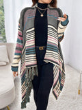 Cardigan casual da donna taglie forti a righe con frange sulla parte inferiore, adatto per autunno/inverno