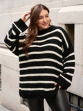 Maglione a girocollo a righe bianche e nere da donna, taglia comoda, maniche lunghe