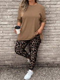 2 pezzi/Set Abbigliamento donna taglie comode, composto da Maglietta a maniche lunghe e pantaloni yoga con stampa leopardata, stile casual, adatto per autunno/inverno