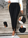 Leggings eleganti lunghi e spaccati in maglia nera con perline