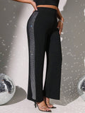 Pantaloni a gamba larga in maglia larga e morbida, con strass e pezze sui lati, adatti a taglie comode, eleganti e versatili