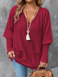 Maglione casual a maniche lunghe con scollo a V e tasche, taglia comoda, adatto per l'inverno