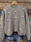 Maglione casual ricamato con motivi floreali a maniche lunghe, taglia comoda, adatto per l'inverno